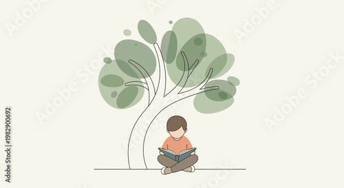 Child Sitting Under Tree Reading Book.