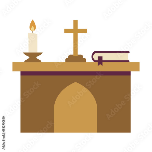 Christian Altar Table with Cross, Candle, and Holy Bible