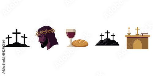 Christian Religious Icons and Symbols Set for Lent and Easter
