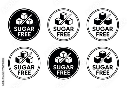A collection of sugar free labels with icons on a white background