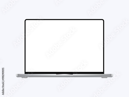 A modern laptop with a blank white screen mockup, imagined computer device front view, 3D realistic vector illustration. Notebook mockup for app presentations, UI design showcase, web advertisement