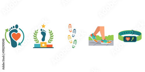 Healthy Lifestyle Walking and Fitness Activity Icons Set