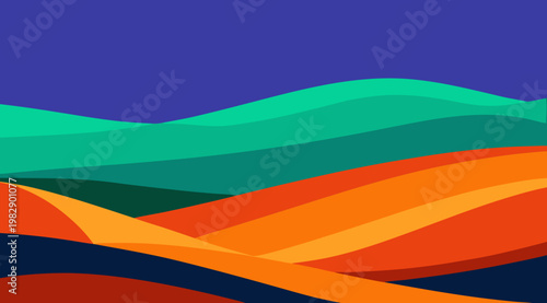 Abstract minimalist landscape with colorful rolling hills and a dark blue sky at dusk