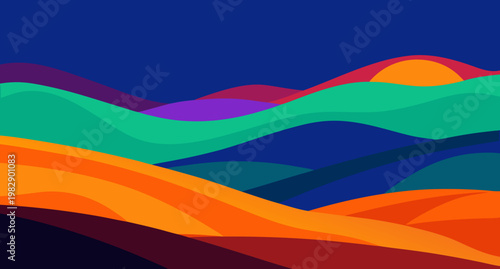 Vibrant minimalist landscape illustration featuring colorful rolling hills and a setting sun