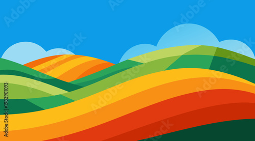 Vibrant and colorful illustration of rolling hills in a pixel art style with a clear blue sky