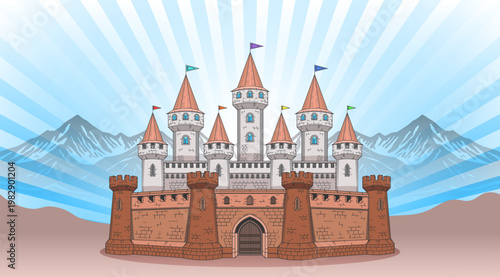 Vector cartoon fairytale magical colorful medieval large stone castle of knight. Seven towers. Brick defensive walls. Radiant bright mountain landscape. Military fortress, feudal outpost. Shine rays