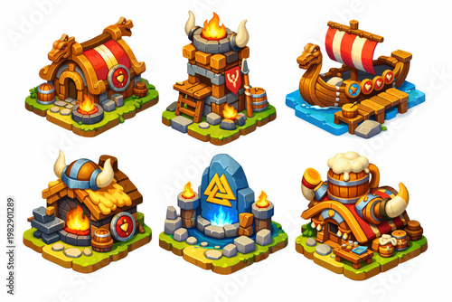 Isometric fantasy winter buildings set, icy castle, Viking ship and snowy houses, 3D game assets