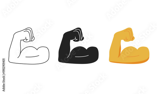 Biceps muscle icons set in linear, solid and colored emoji. Perfect biceps muscle, best arm. Muscular man flexing his biceps, arm wrestling. Fitness concept. Flexed bicep icon. Vector illustration
