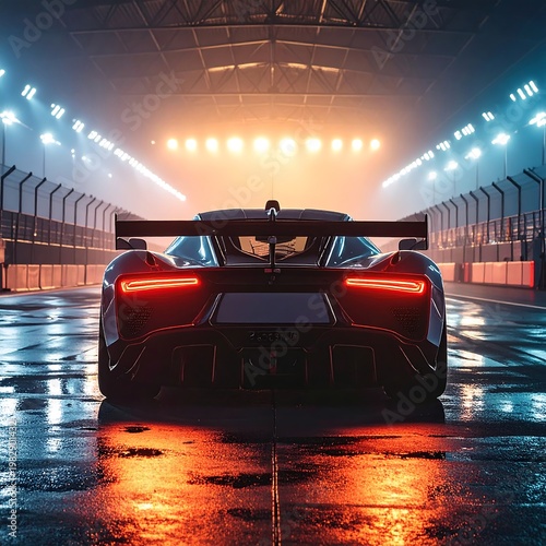 A sleek sports car on a wet racetrack at dusk (1)