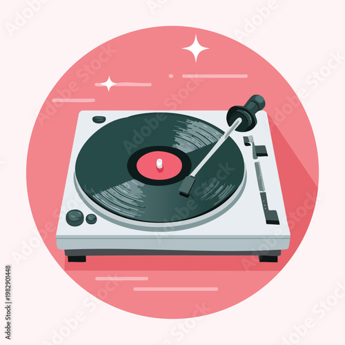 Stylized illustration of a retro turntable record player on pink background