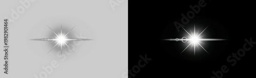 White glowing starburst light effect with long horizontal streak and optical glare isolated on transparent background PNG