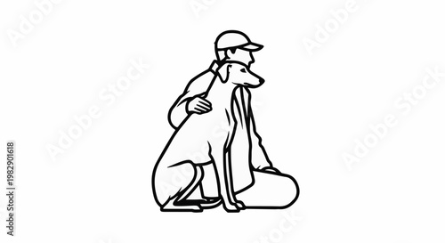 Outline of a person wearing a cap and jacket, embracing a dog