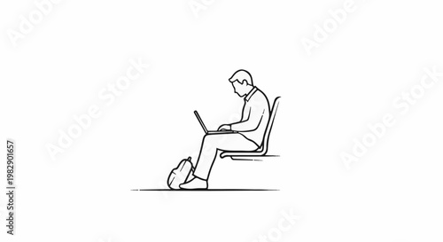 Person seated on a bench using a laptop with a backpack