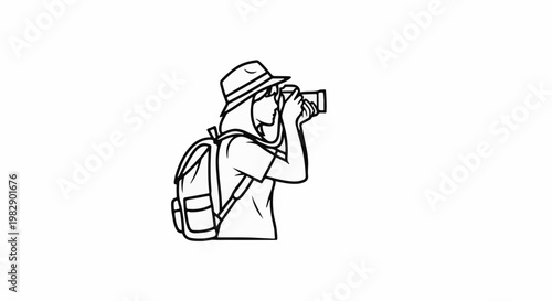 Person with backpack and camera taking a photo, simple line art illustration