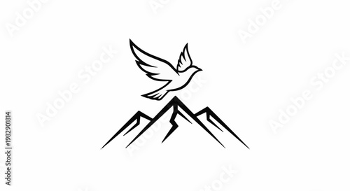 Stylized bird flying above sharp mountain peaks
