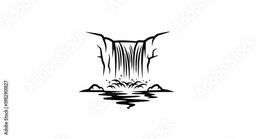 Stylized black and white drawing of a cascading waterfall into a pool