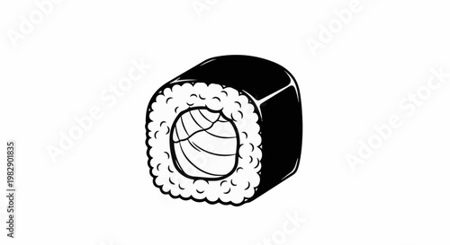 Stylized black and white illustration of a single sushi roll