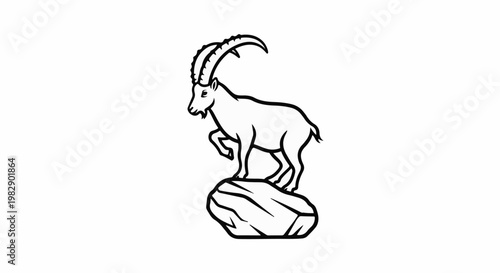 Stylized black and white illustration of an alpine ibex standing on a rock