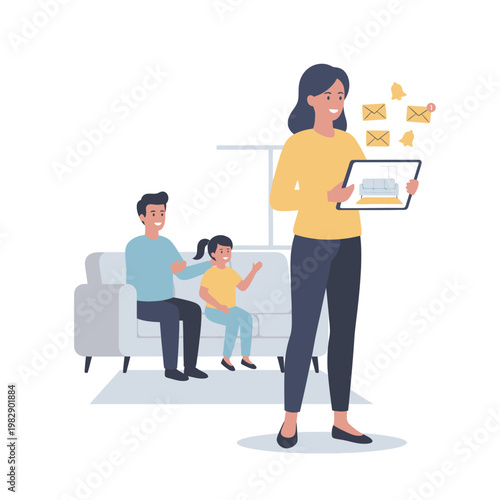 Family Watching Digital Photos of Home Interior