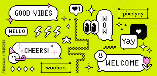 Pixel party celebration icon set. Y2k inspired 8 bit speech bubbles with text Cheers, Yay, Welcome, Wow on bright green background. Retro gaming style vector elements for digital nostalgic design