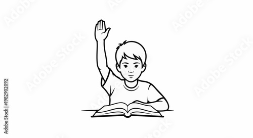 Young boy with raised hand sitting at a desk with open book