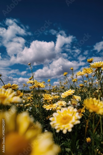 Field of bright yellow flowers under a partly cloudy, vibrant blue sky