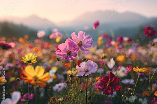 Field of colorful cosmos flowers blossoming in a soft, dreamy landscape