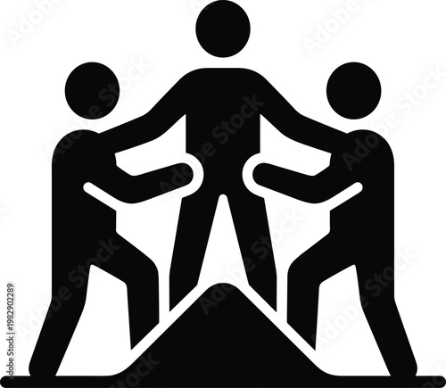 Three figures holding hands in a supportive group pose.