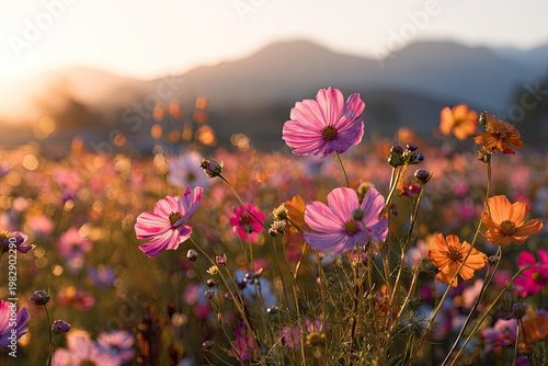 Field of colorful cosmos flowers illuminated by the setting sun, against mountain backdrop