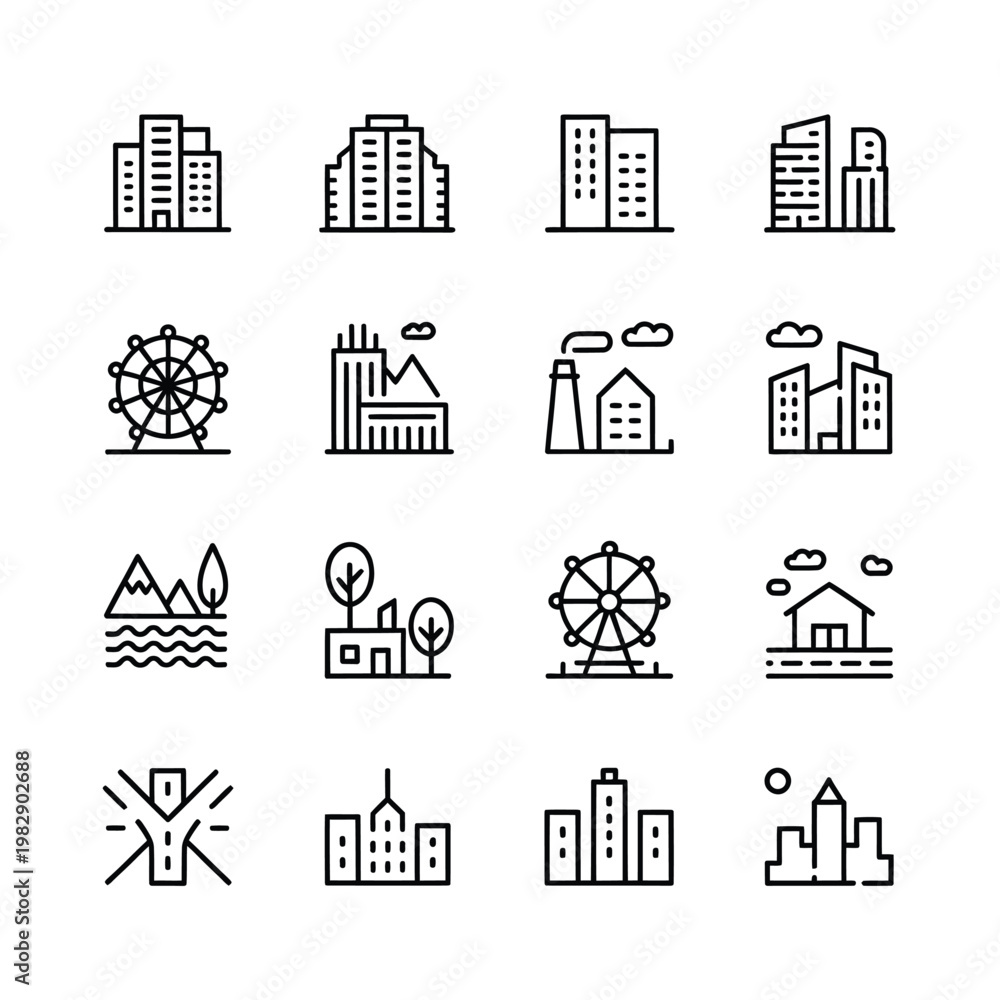 Obraz premium Minimalist line art icons depicting various city landmarks and natural elements