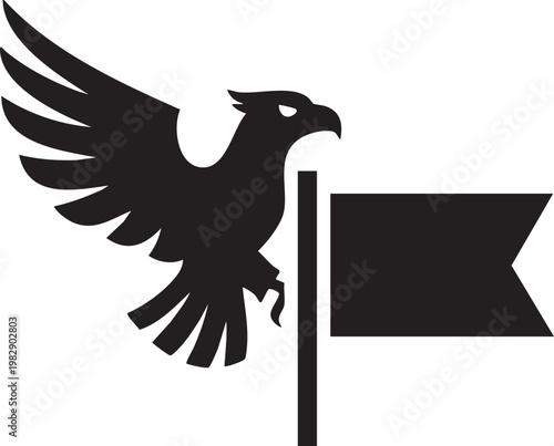Eagle emblem perched atop a flagpole with a rectangular banner behind it