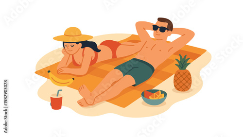 Couple relaxing on beach towel with tropical drinks and fruit
