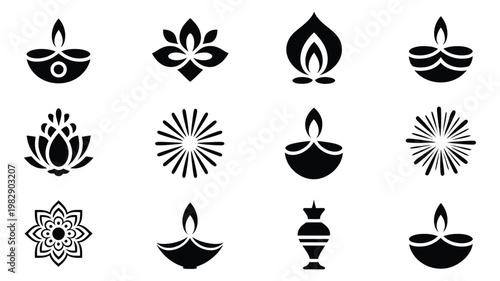 Premium Diwali Diya Silhouette Set - Traditional Indian Festival Oil Lamp Icons - Spiritual Lotus and Floral Mandala Collection - Minimalist Zen Celebration Vector Elements.