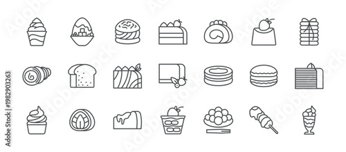 Desserts and bakery outline line icon set. 21 icons like cupcake, japanese sweets, cream puff, cake, roll, cheesecake, cookies and more. Vector illustration isolated on white
