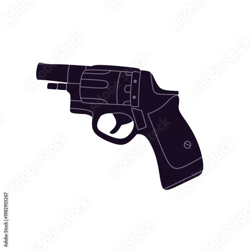 Flat vector illustration of police officer and law enforcement equipment set, including handgun, revolver, badge, flashlight, handcuffs, radio, baton, and bulletproof vest.