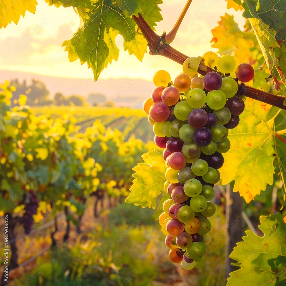 Fototapeta premium A serene vineyard scene with ripe grapes at sunset