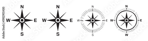 Set of compasses representing directions and navigation elements for travel exploration and adventure illustration.