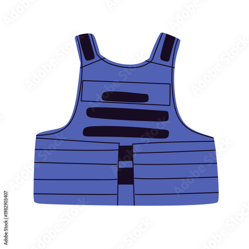 Flat vector illustration of police officer and law enforcement equipment set, including handgun, revolver, badge, flashlight, handcuffs, radio, baton, and bulletproof vest.