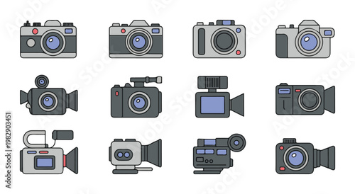 Set of cctv camera icons, security surveillance camera system vector in flat style, digital observation.