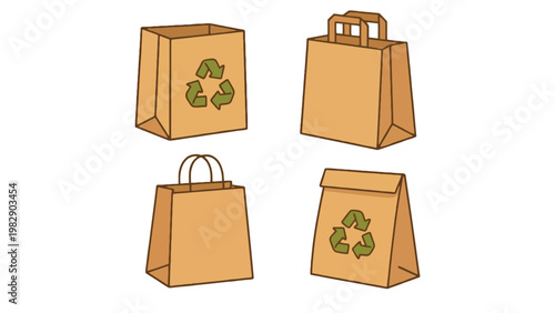 Brown paper bags with recycling symbols in various styles and orientations