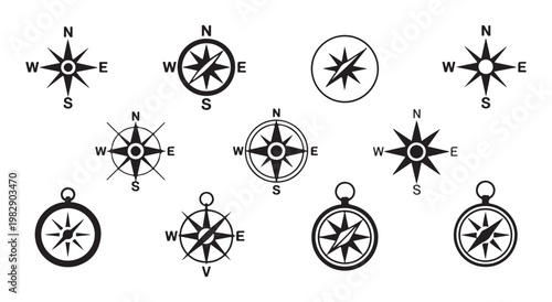 Nautical rose of winds symbols and black compass icons for maritime mapping and geographical direction finding.