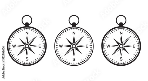 Set of three vector compass icons, flat style symbol or logo design element isolated on transparent background.