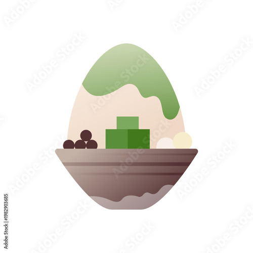 Matcha kakigori Japanese shaved ice flat icon. Green tea iced bowl with toppings and syrup. Colored vector illustration isolated on white