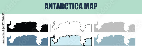 Antarctica map outlines in various styles with a subtle gradient background for geographical representation