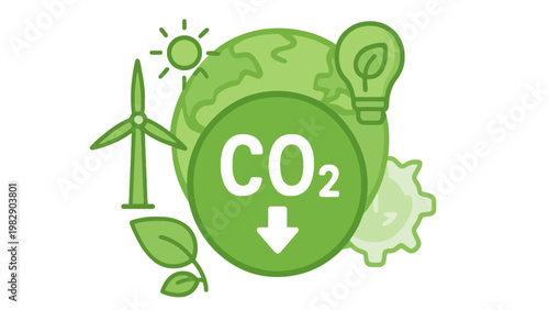 Green CO2 reduction icon illustration with eco friendly symbols and globe