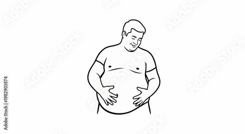 Smiling man with a large belly, hands resting on his stomach