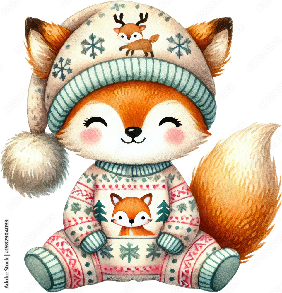 Obraz premium Fox winter sweater cute cartoon watercolor fox cub in knit sweater and hat with snowflake pattern