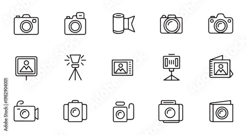 Professional cameraman and cinematic film equipment icons set for video production and media broadcast industry.
