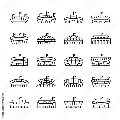 Line art depicting various stadium and arena architectural designs