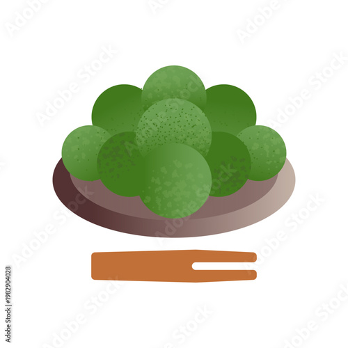 Matcha warabi mochi on plate flat icon. Green tea bracken starch jelly balls. Colored vector illustration isolated on white
